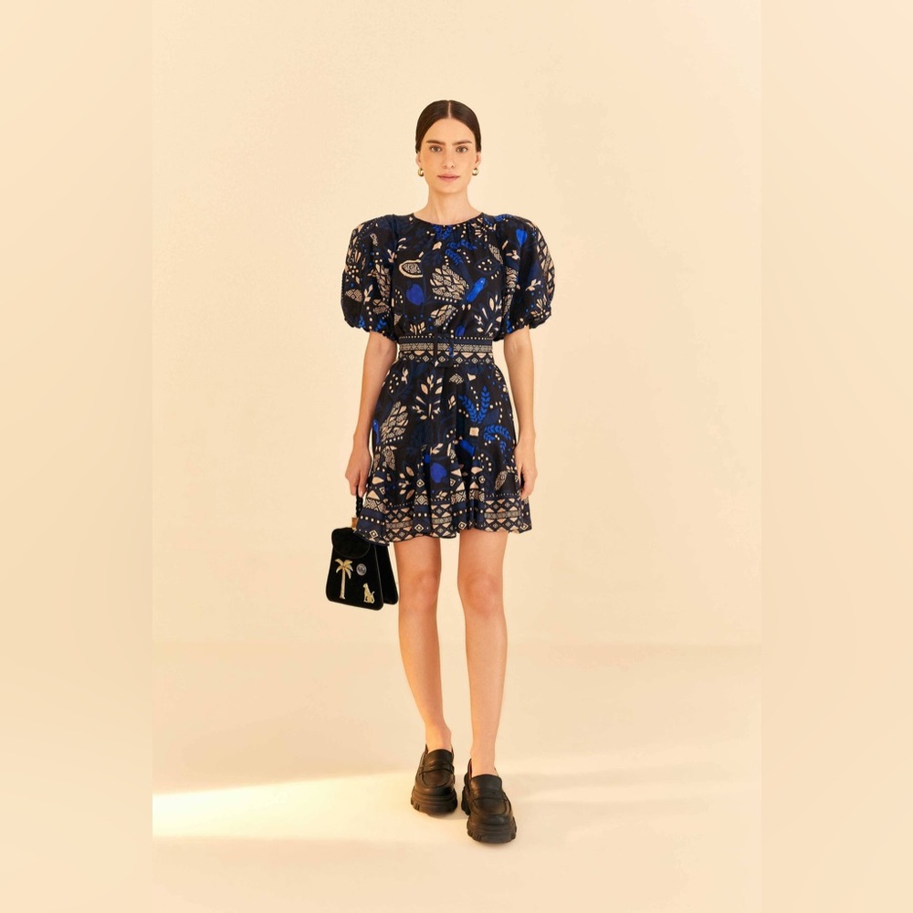 FARM Rio Navy Blue & Beige Floral Puff-Sleeve Mini Dress - Picture 3 of 13
